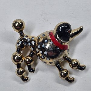 Polka Dot Poodle Pin Vintage Brooch Goldtone Metal Dog Enamel MCM